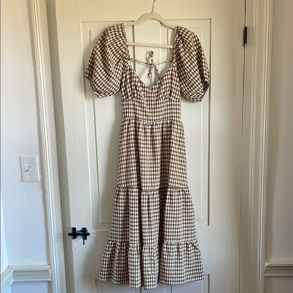 Gingham Puff Sleeve Low Back Dress